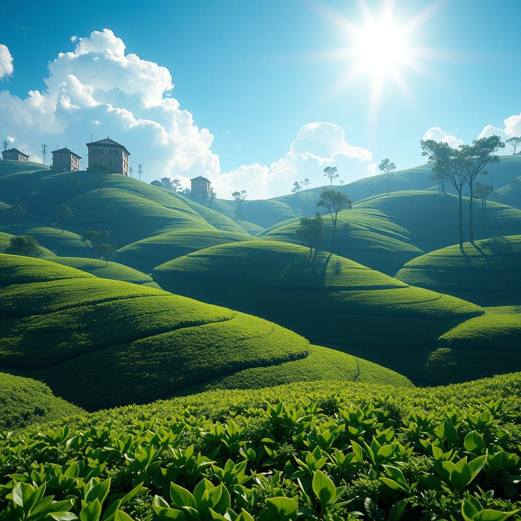 Lush Green Tea Hills Under a Brilliant Blue Sky