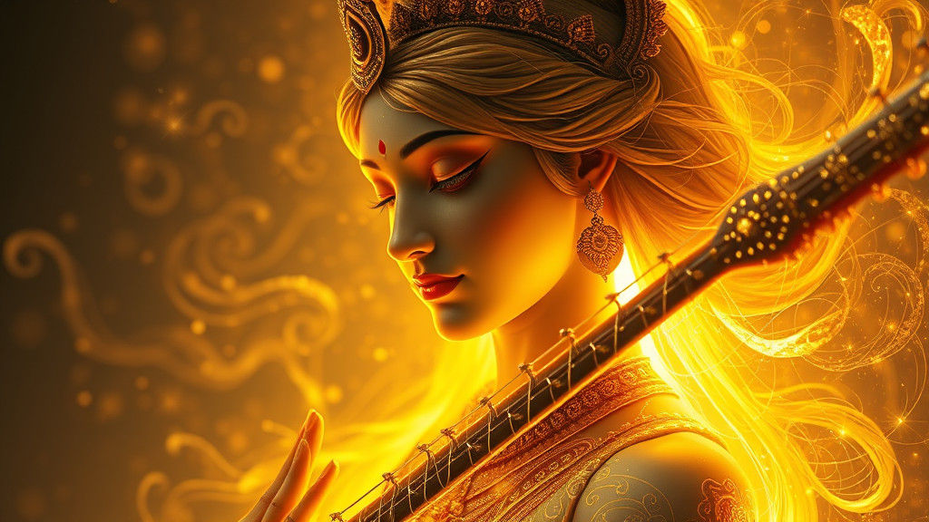 Ethereal Saraswati with Vedic Scripts and Flowing River