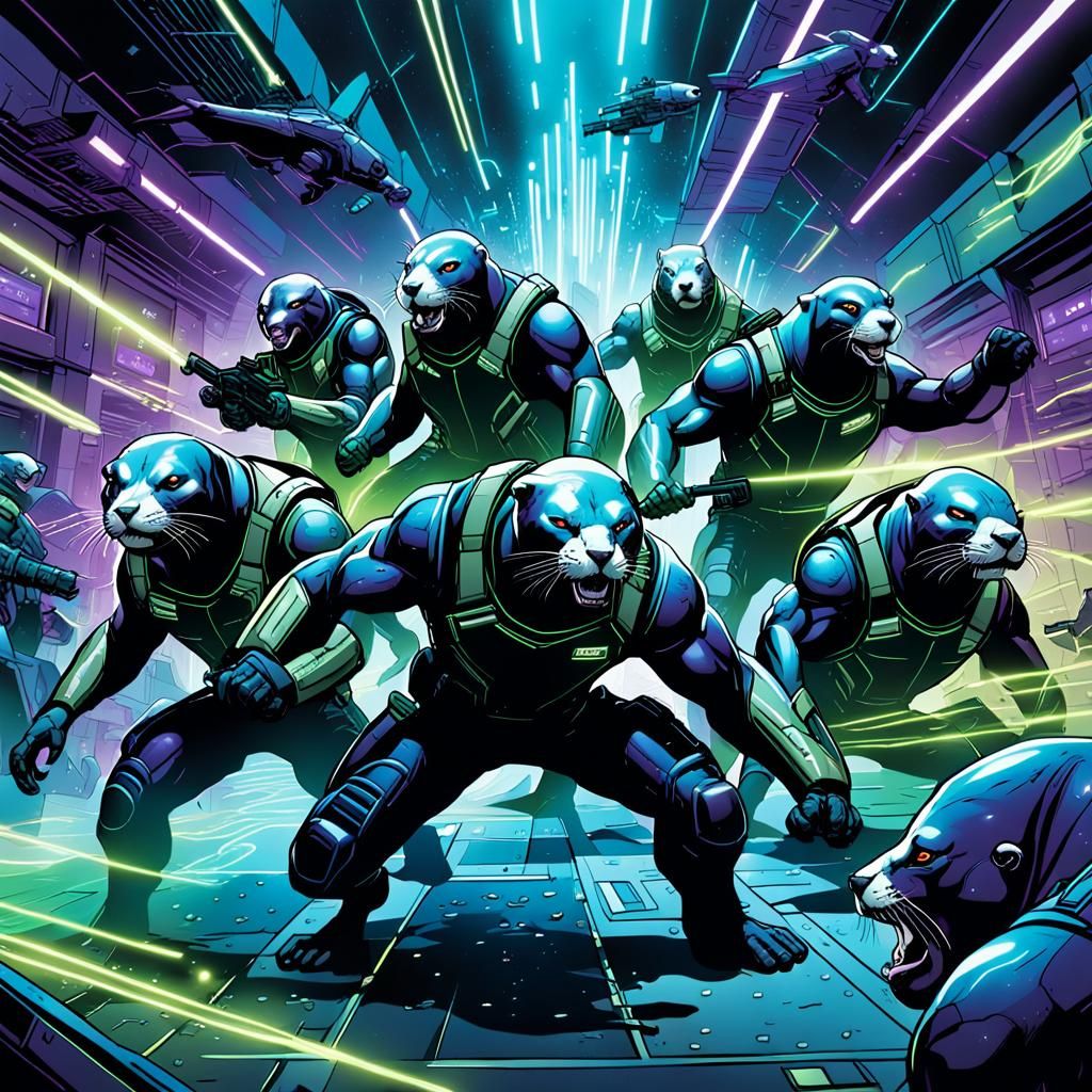 Futuristic Sea Lion Warriors in High-Tech Battle