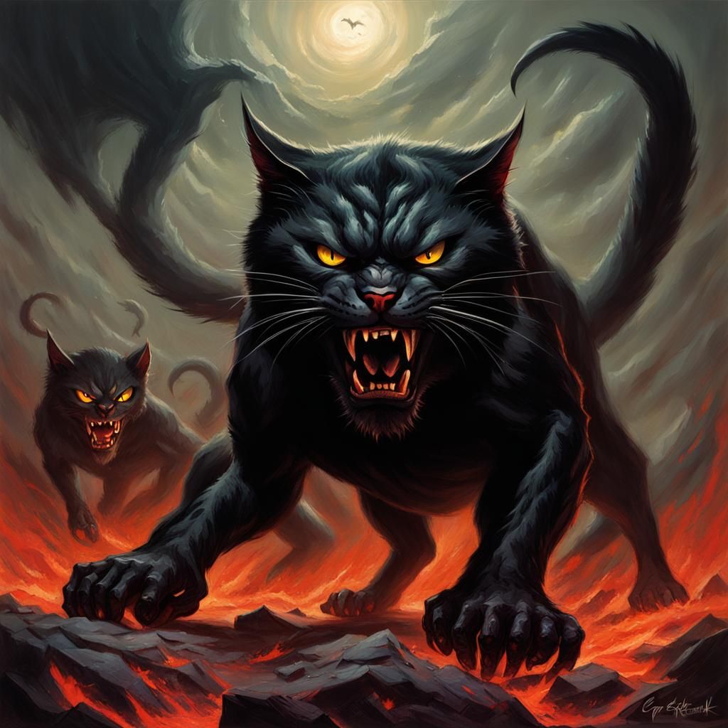 Black Hell Cat Fighting the Devil