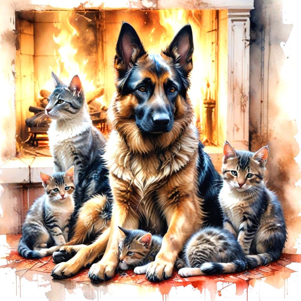 German Shepherd Cuddled by Kittens, Watercolour Style