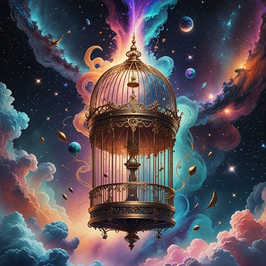 Ornate Birdcage in Cosmic Expanse with Nebula