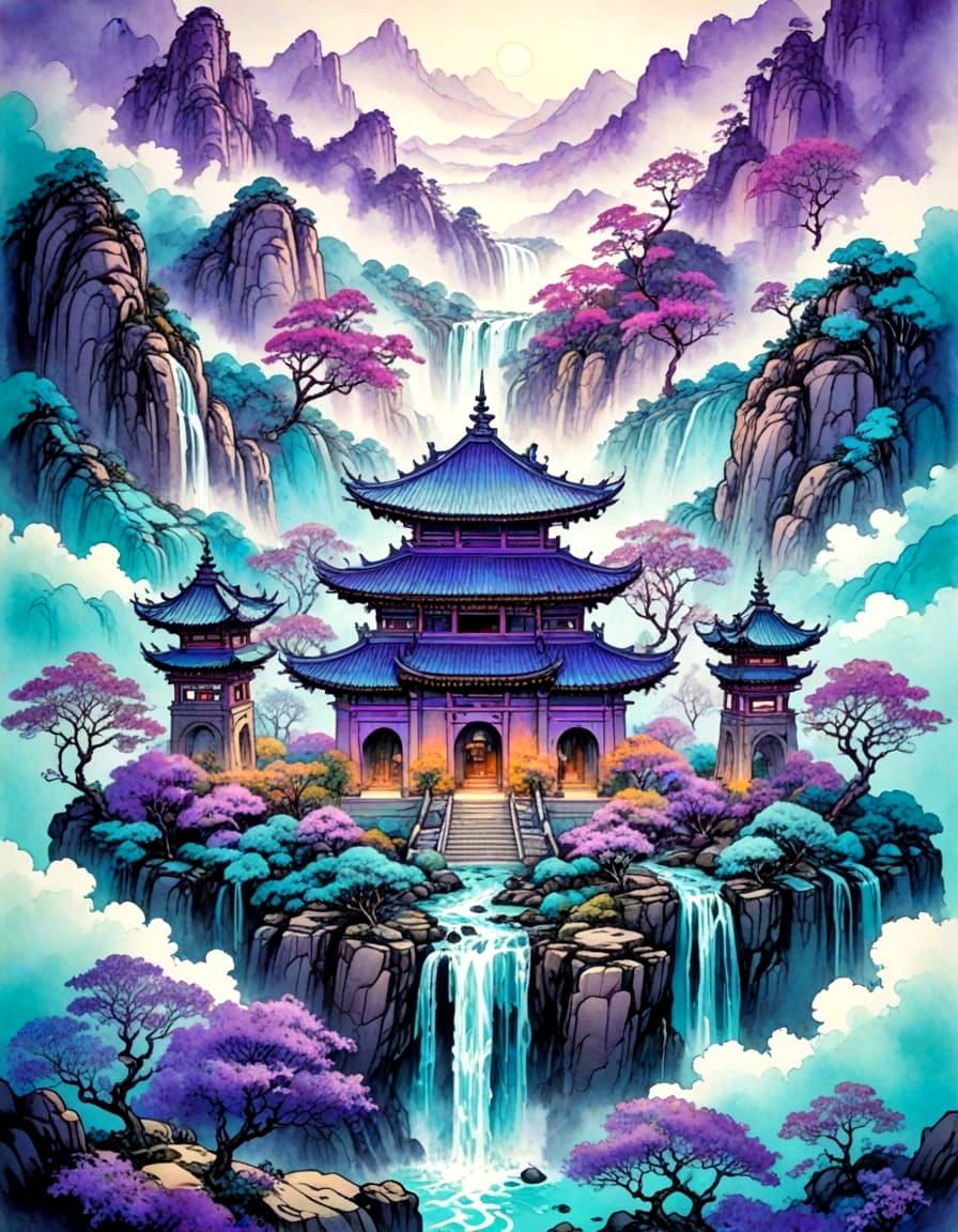 Asian-Inspired Valley in Watercolor and Ink Style