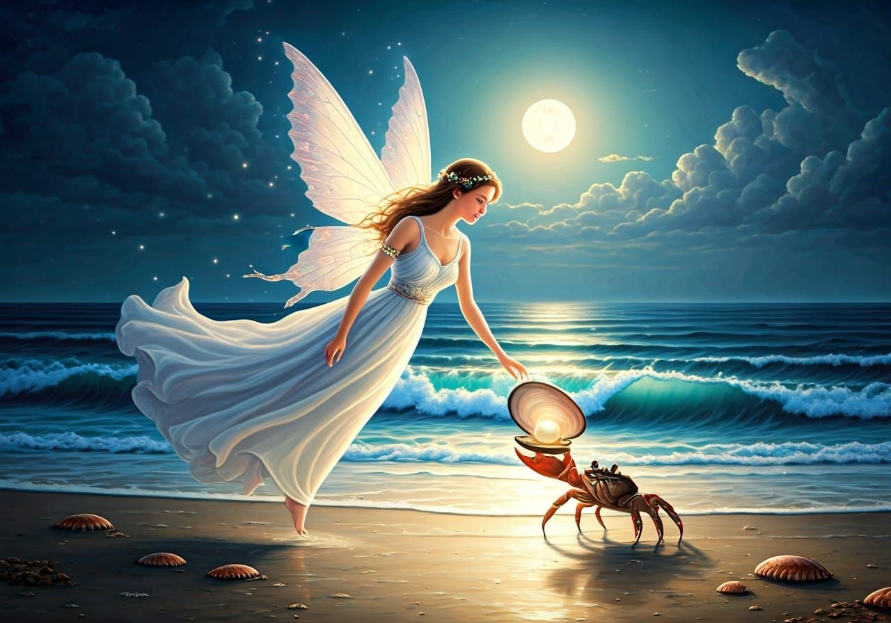 Fairy on Moonlit Beach with Pearl, Oil on Canvas