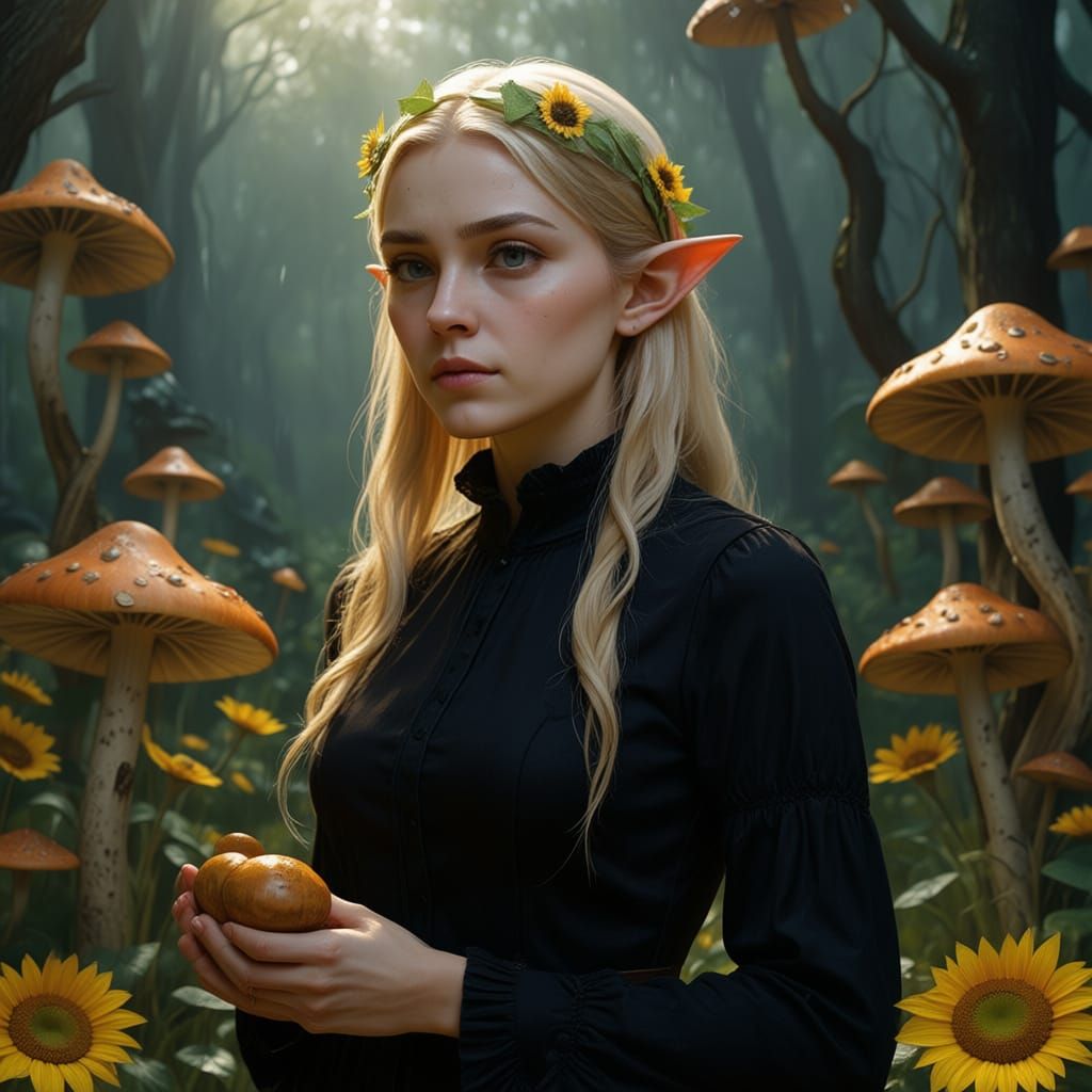 Beautiful Elf Woman with Mushrooms and Number 11