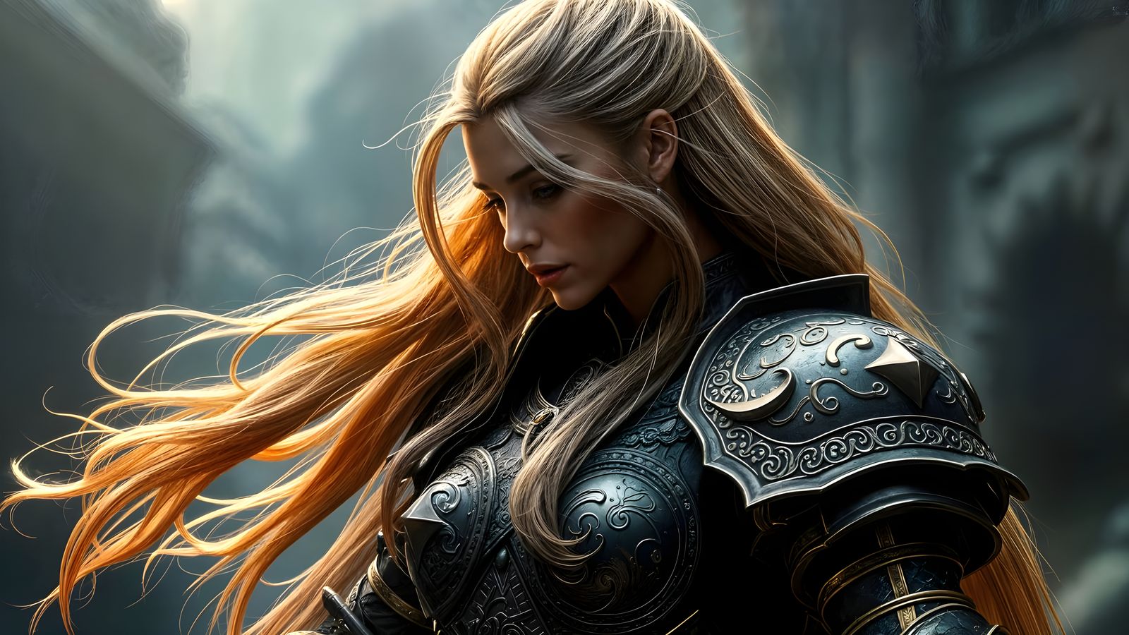 Medieval Fantasy Scene with Warrior Woman in Ornate Armor