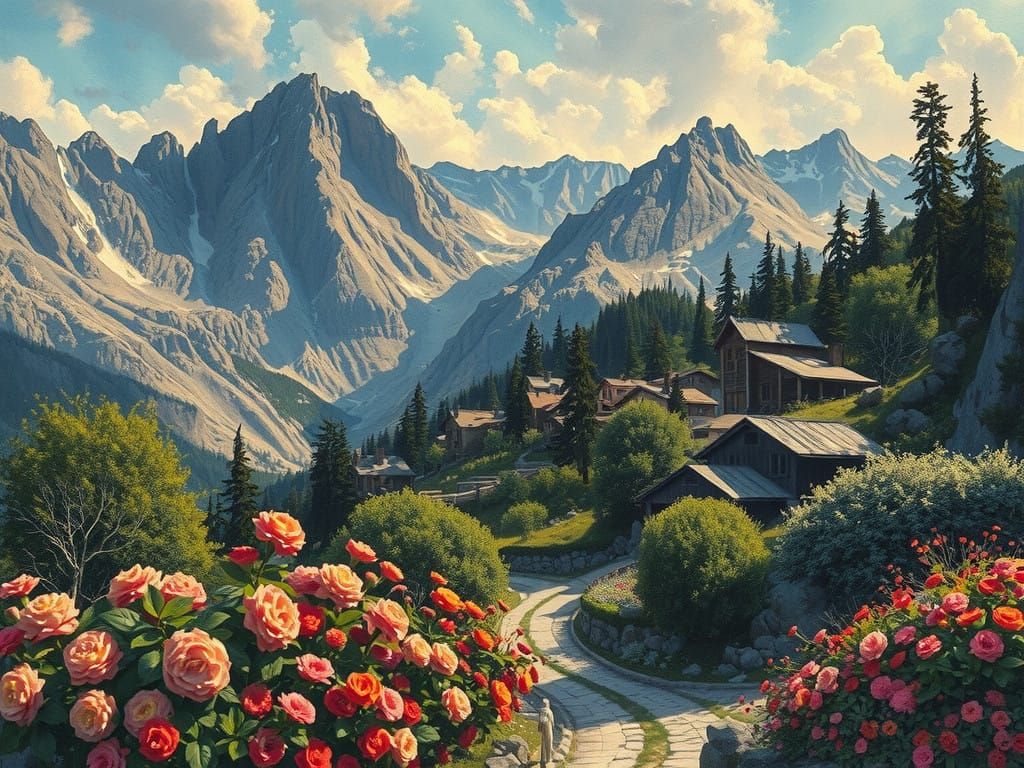 Ethereal Neo-Impressionist Landscape with Vibrant Village