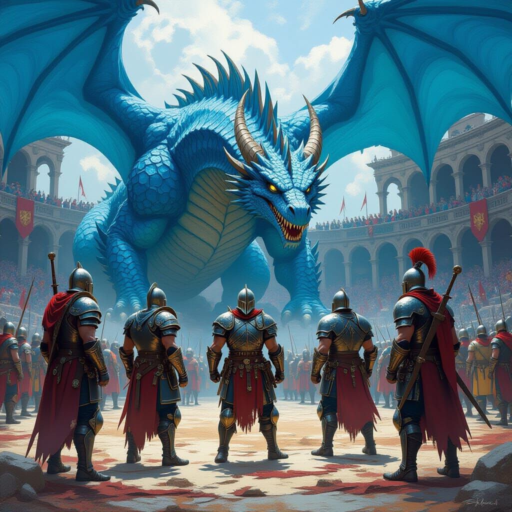 Medieval Warriors and Blue Dragon in Arena