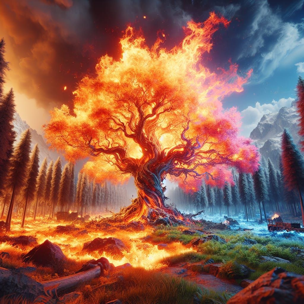 Fiery Tree Amidst Greenery: 3D Game Art