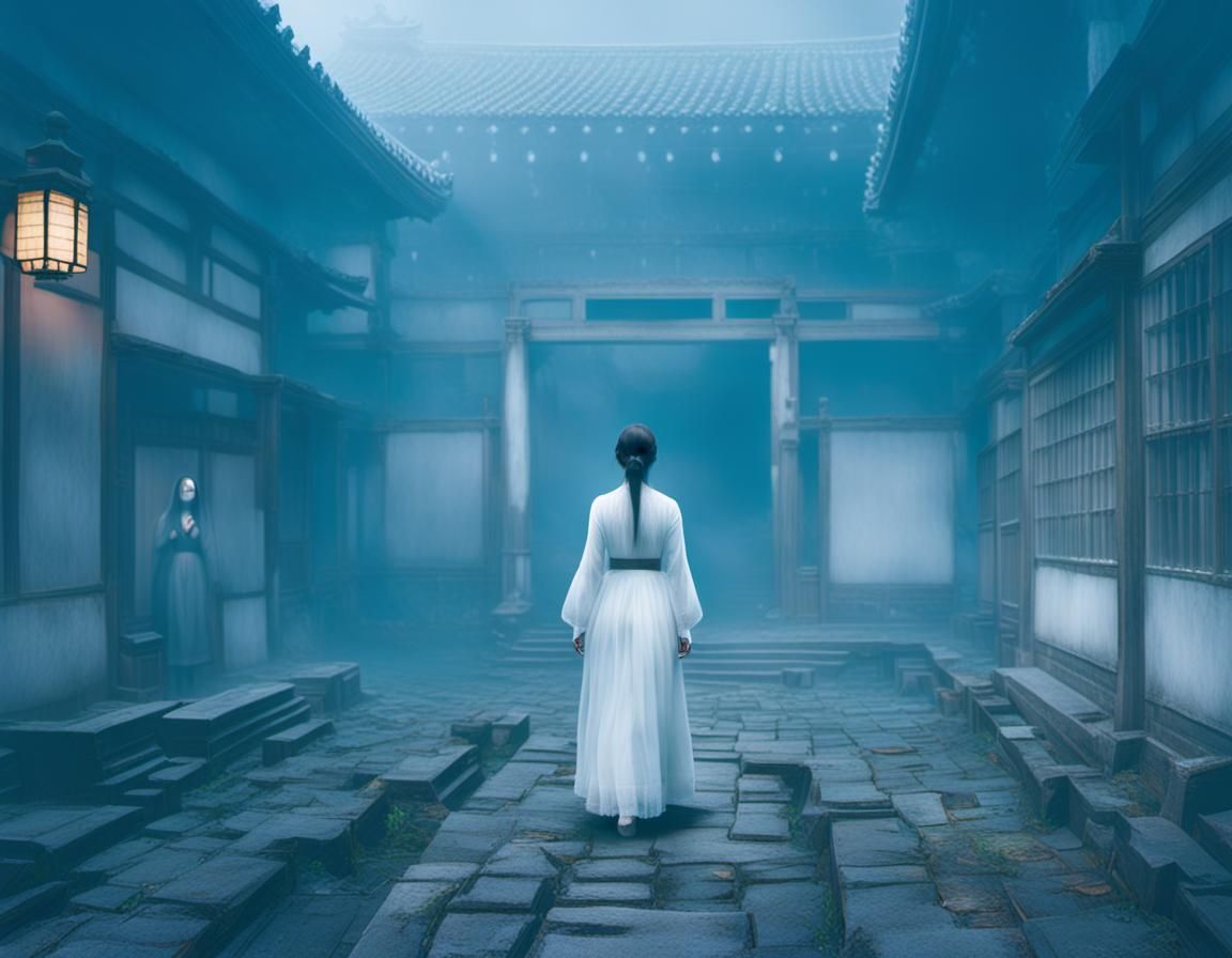 Ethereal Girl in Abandoned Japanese Courtyard
