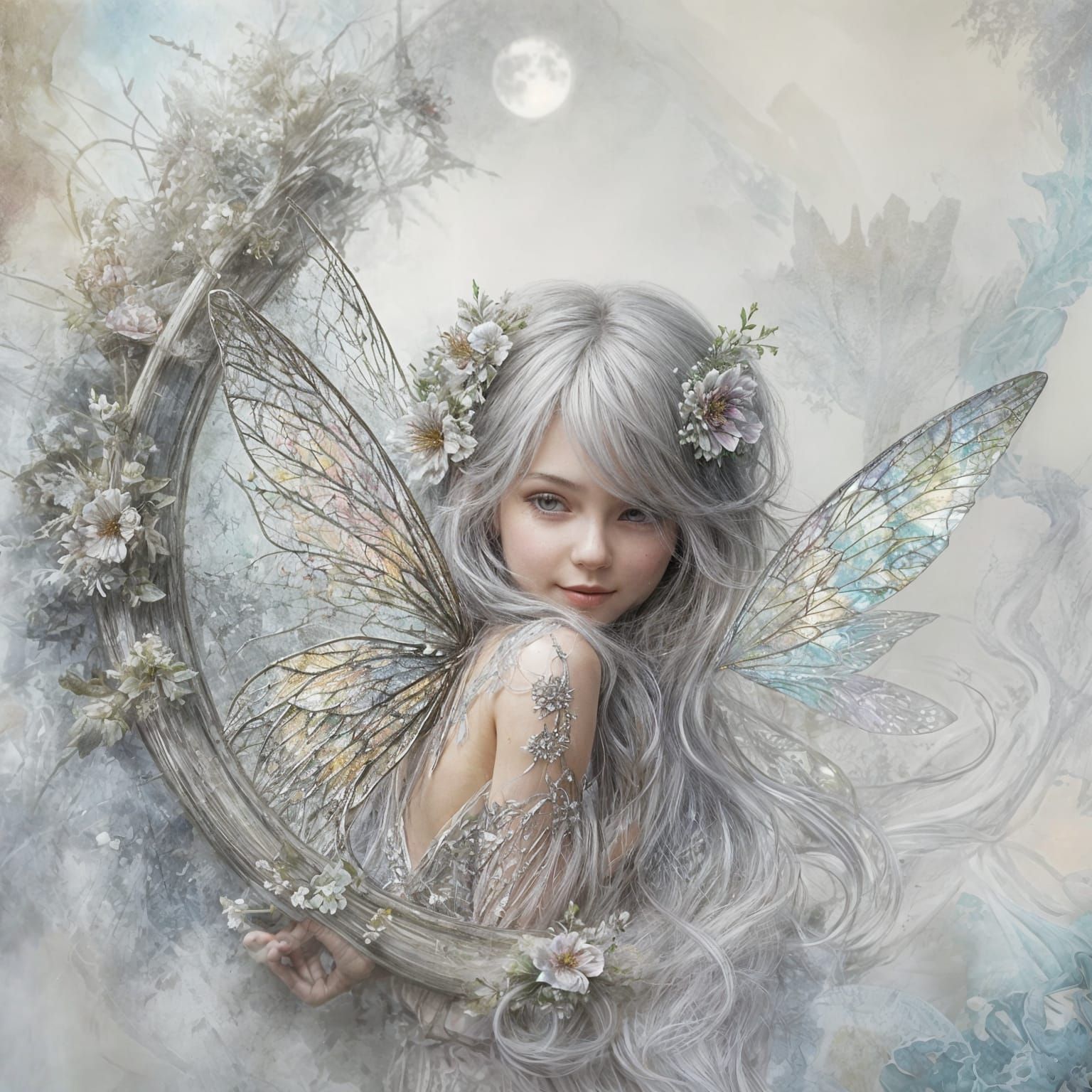 Fairy Peeking from Antique Mirror in Whimsical Digital Art