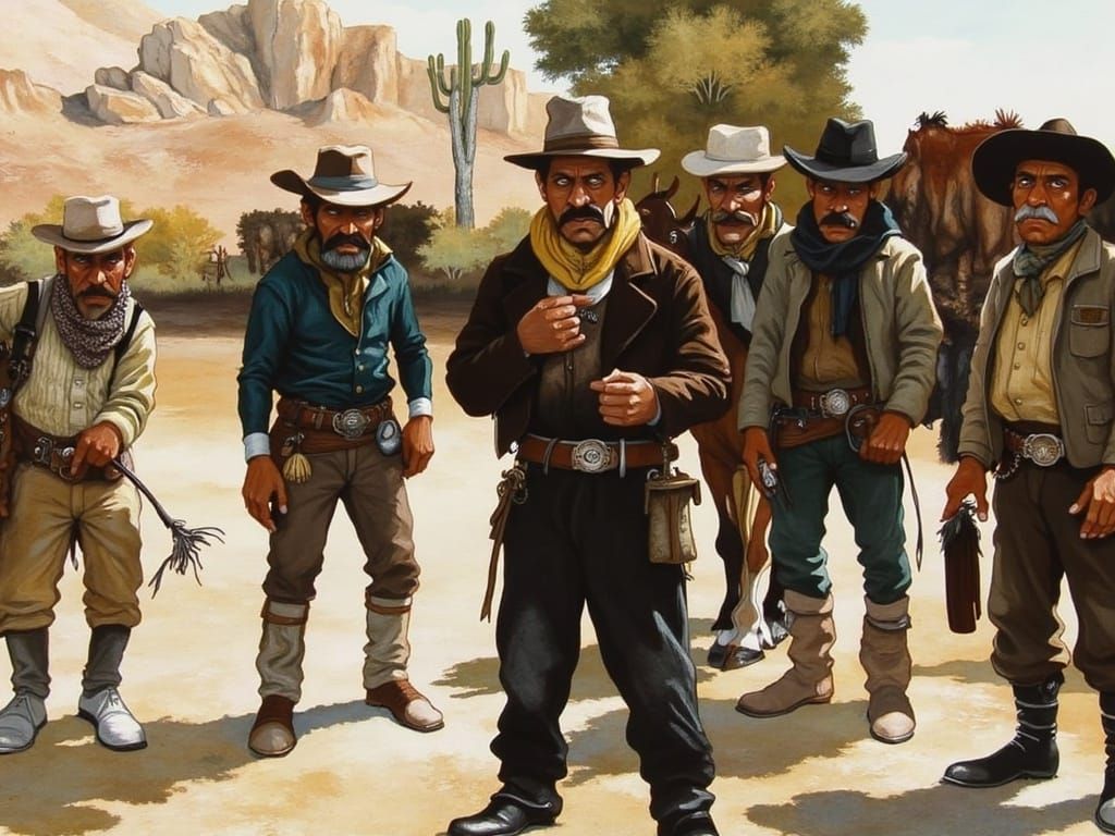 Mexican Bandits Ride Through Tabernas Desert Watercolor