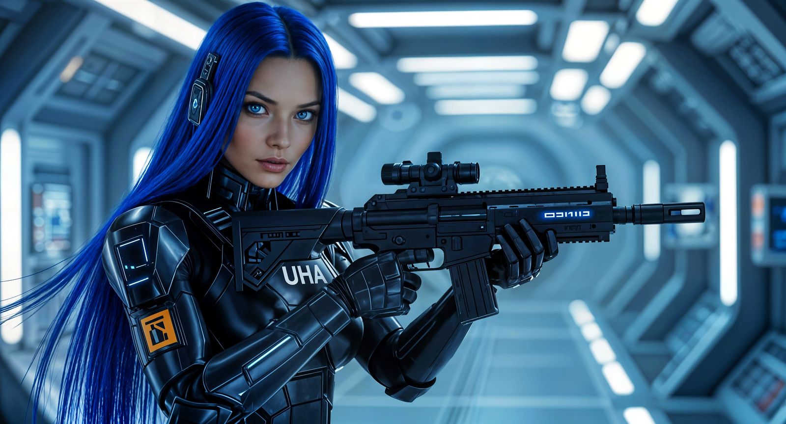 Sci-Fi Woman in Futuristic Armor with Laser Rifle