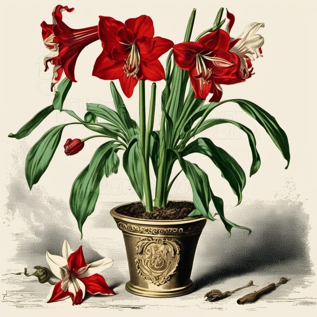 Vintage Botanical Amaryllis Illustration in Distressed Style