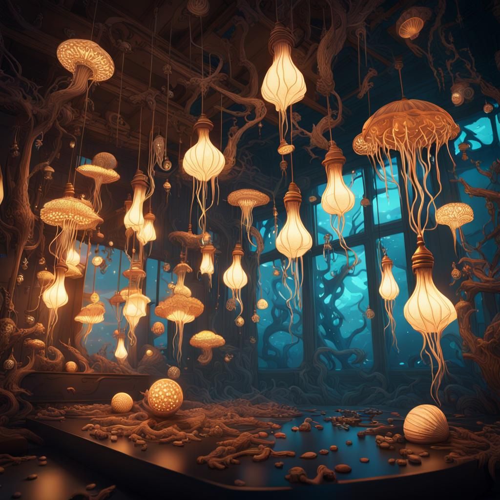 Floating Lamps in Bioluminescent Anime Dreamscape