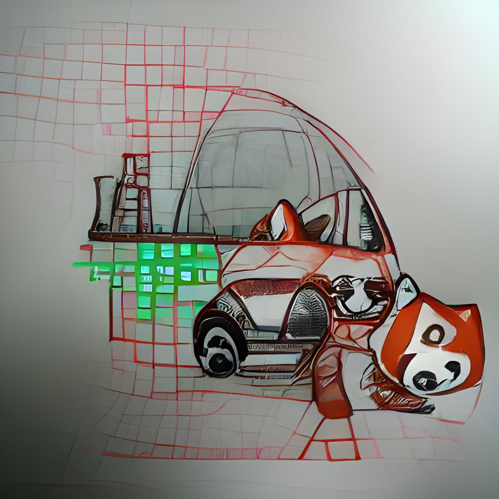 Red Panda Engineer Working on Car: Geometric Ink Drawing