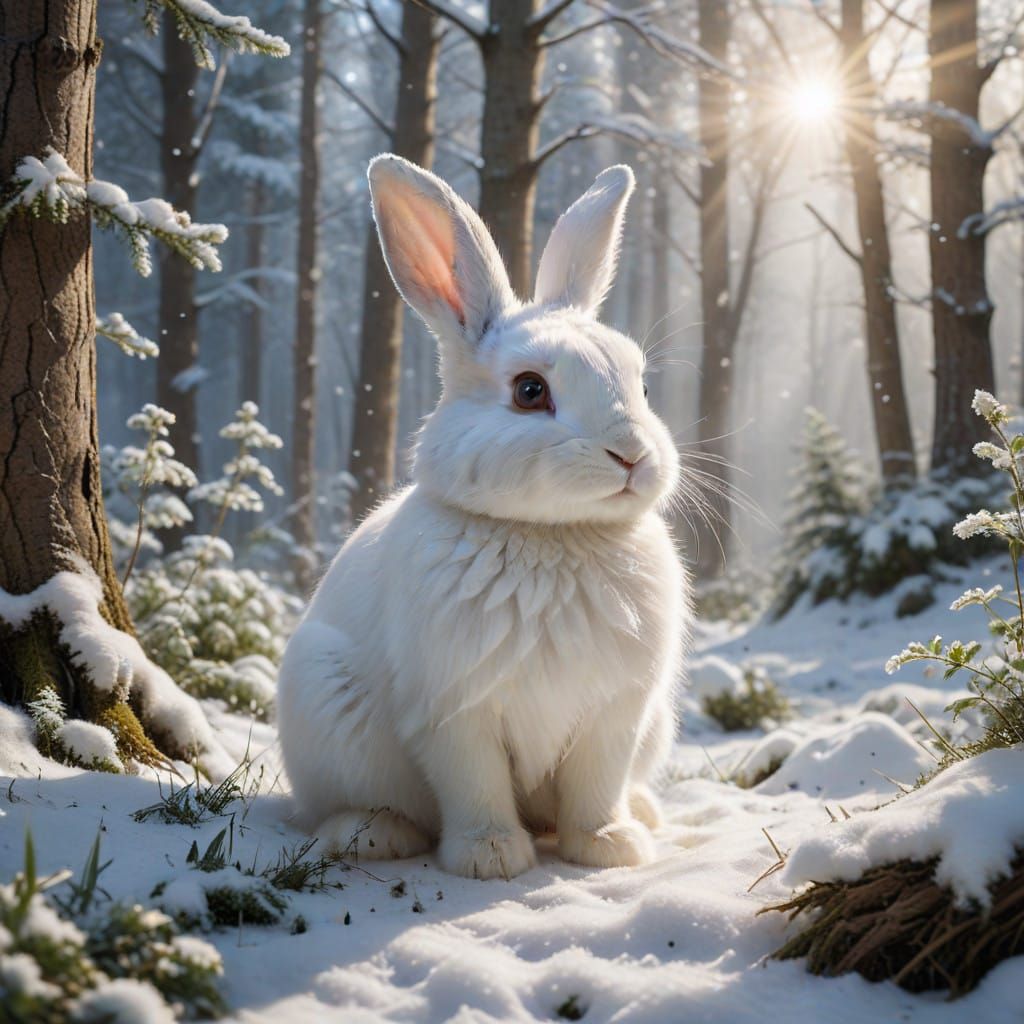 Cute White Rabbit in Snowy Forest Wonderland
