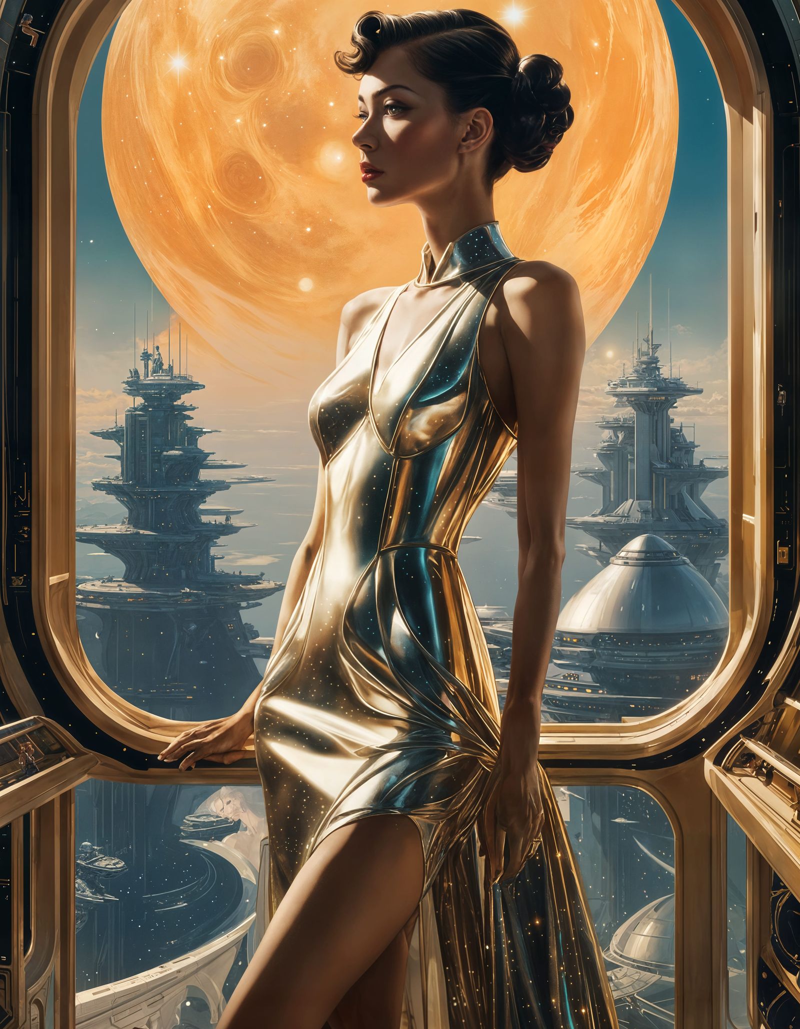 Androgynous Alien in Stardust Dress on Starship Bridge