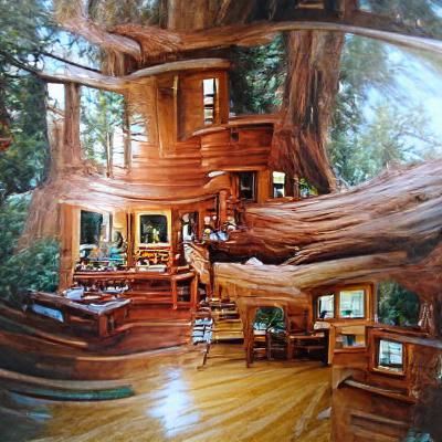 Grand Treehouse in Redwood Forest: Oil Painting