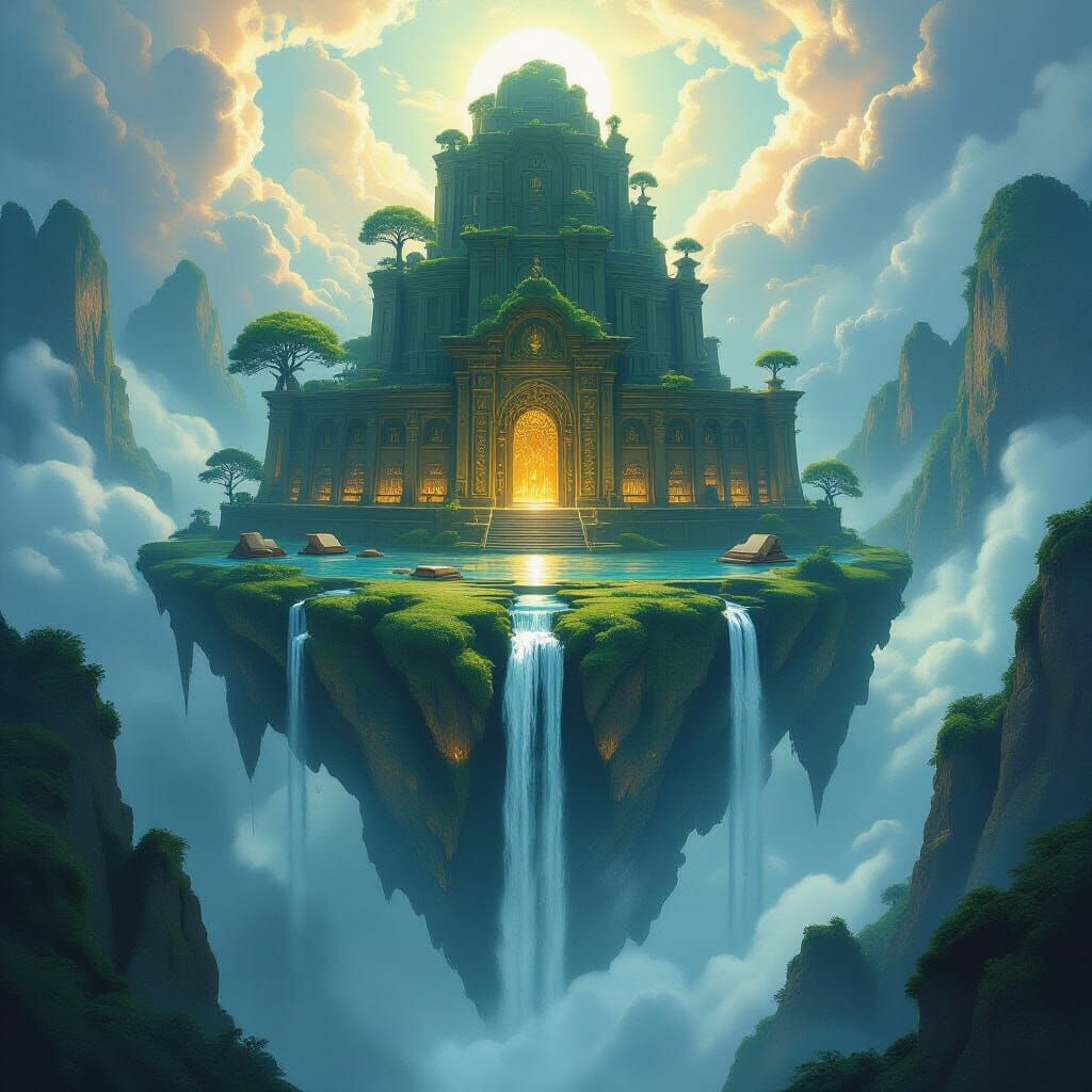 Ancient Library on Floating Island in Nebula