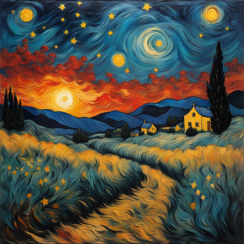 Encaustic Nocturnal Landscape in Van Gogh Impressionist Styl...