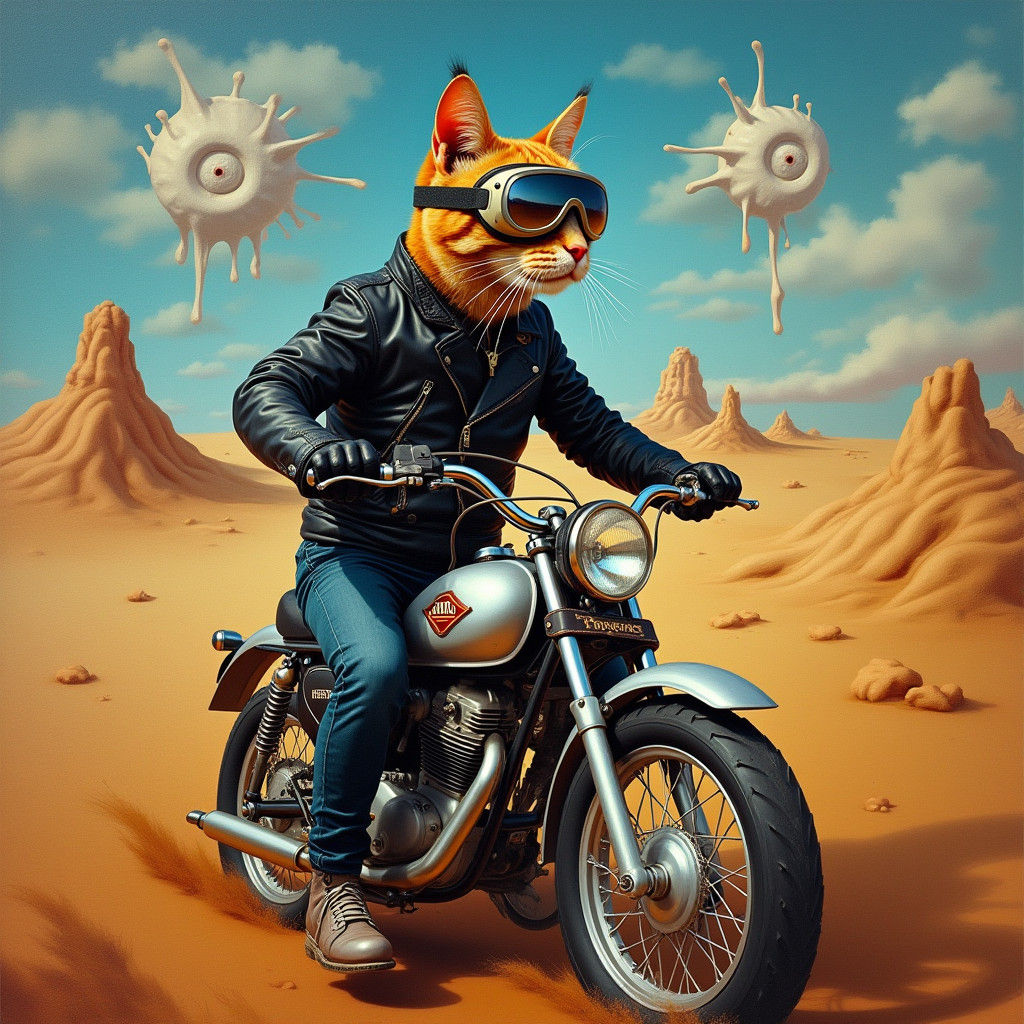 Cat Rides Motocross Bike in Dreamlike Surrealist Landscape