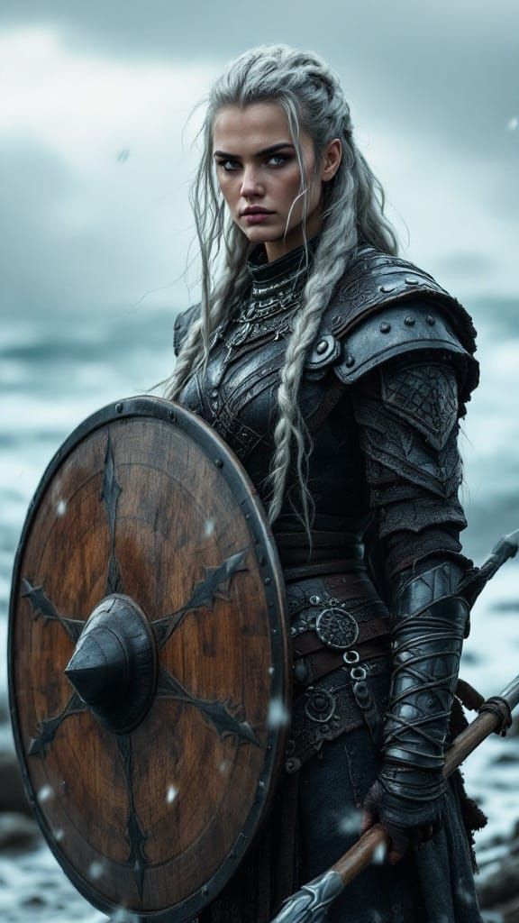 Viking Warrior Woman on Stormy Coastline