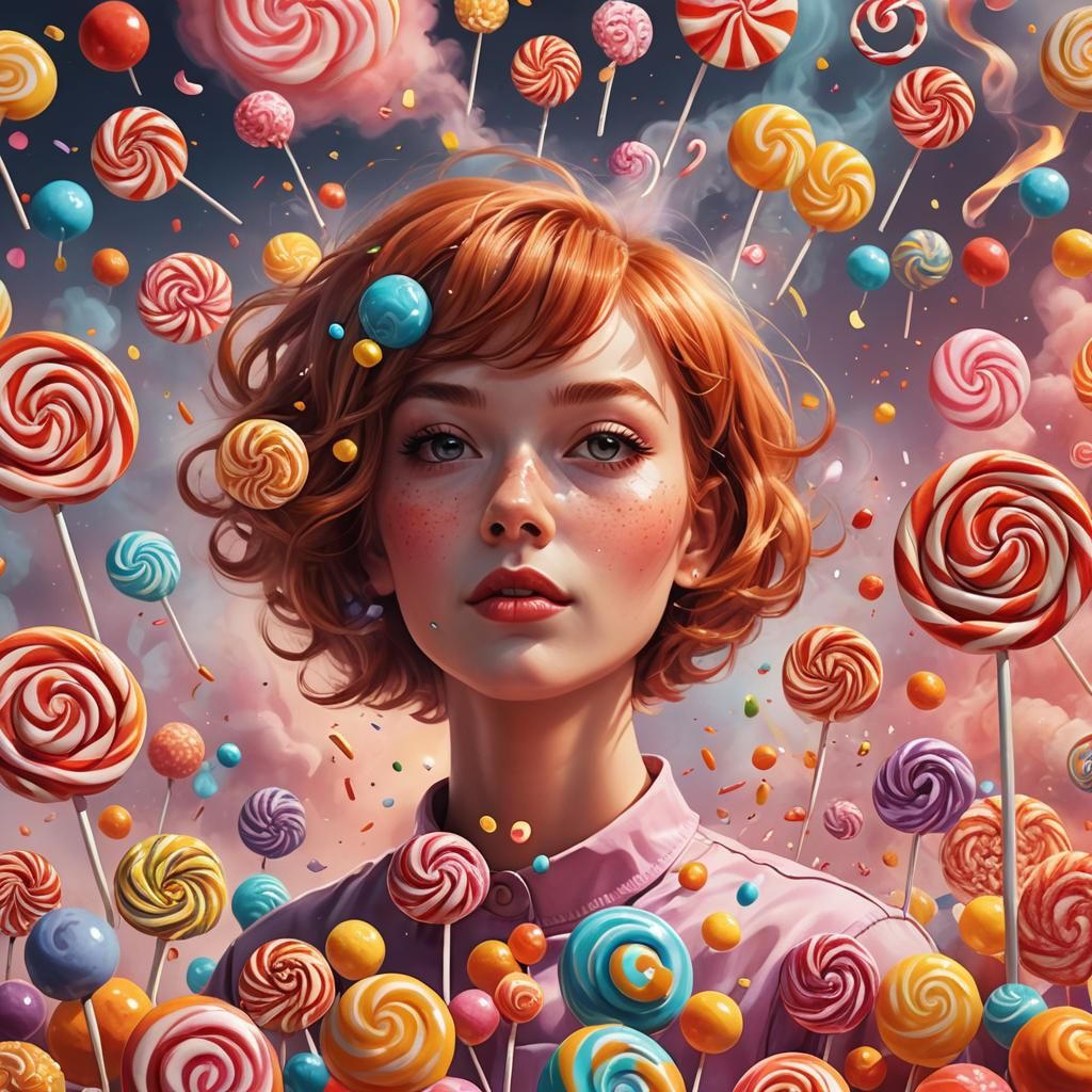 Whimsical Candy Art Portrait with Coffee and Fire