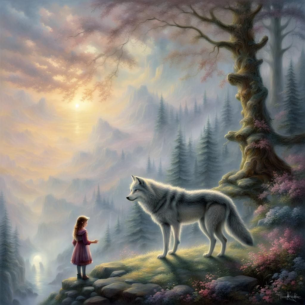 Ethereal Girl and Wolf Bonding in Fantasy Landscape
