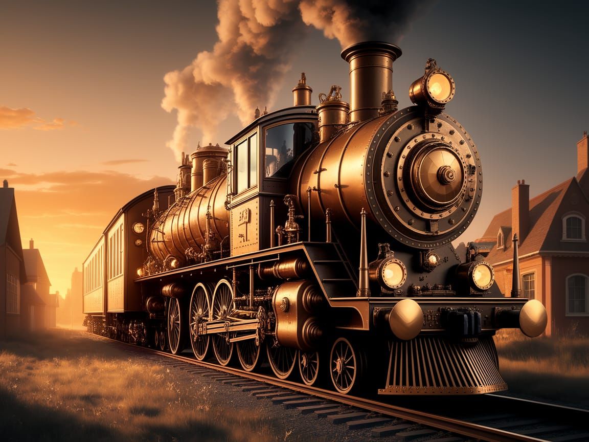 Steampunk Train Abode in Quaint Village Sunset