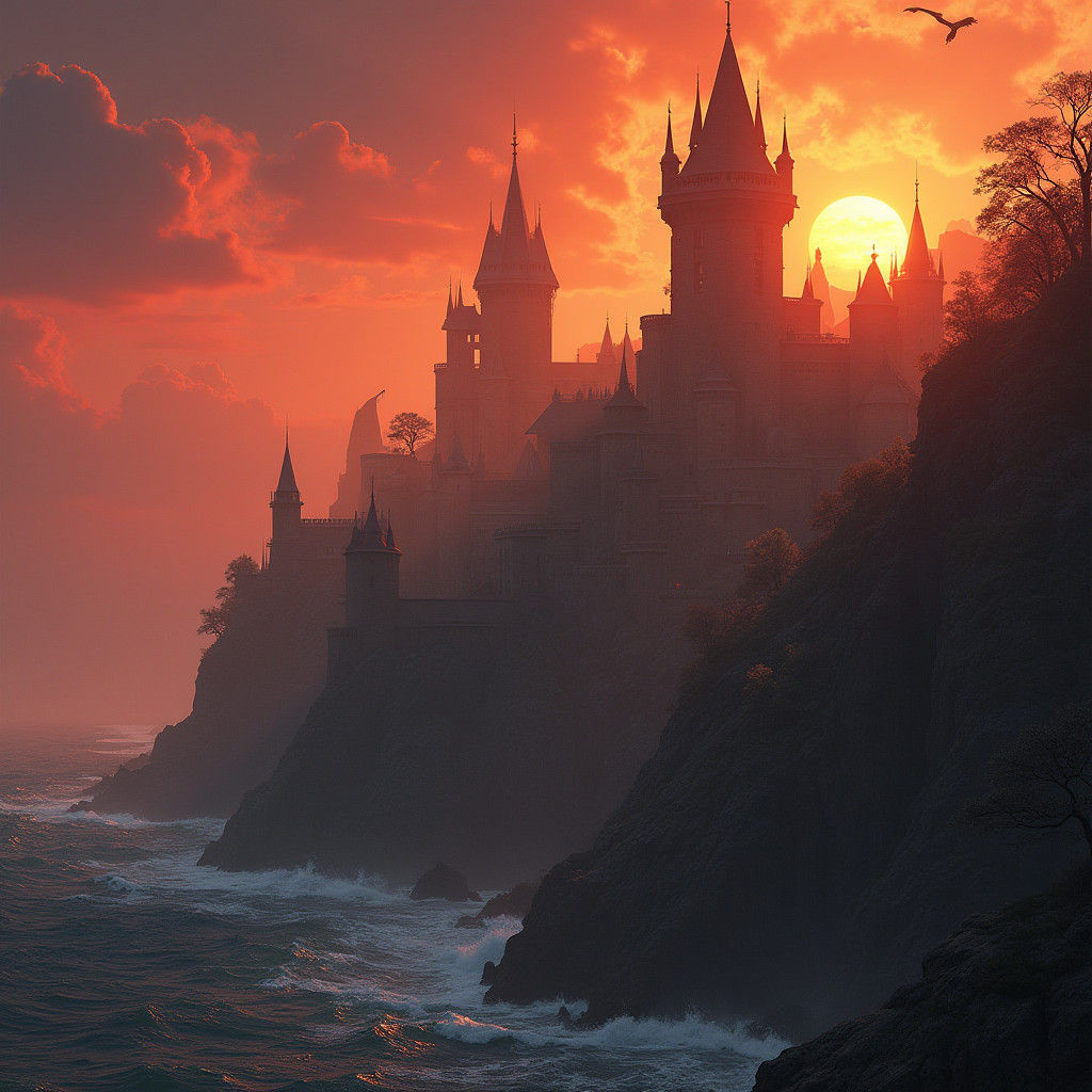 Fantasy Cliffside Town at Sunset in Matte Painting Style
