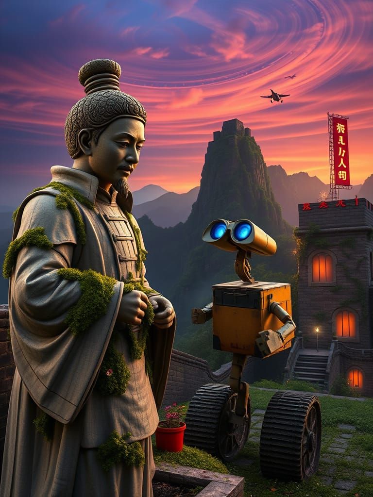 Terra Cotta Warrior and Wall-E by Great Wall, Surreal Sci-Fi...