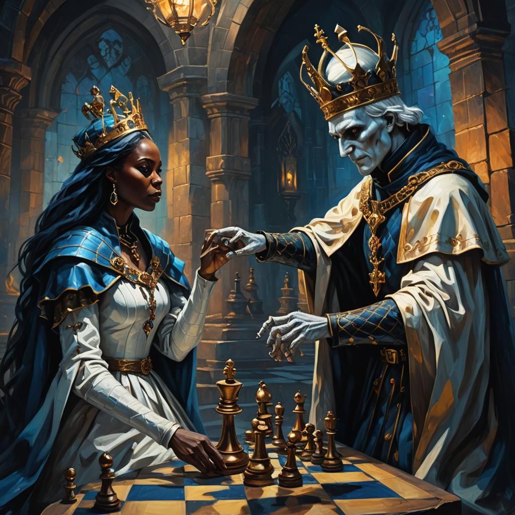 Macabre Fantasy Chess Game in Oil Painting Style