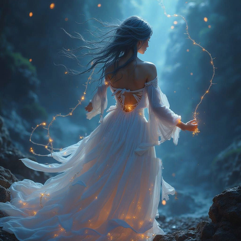 Surreal Scene of a Tethered Maiden in Lush Fantasy Landscape