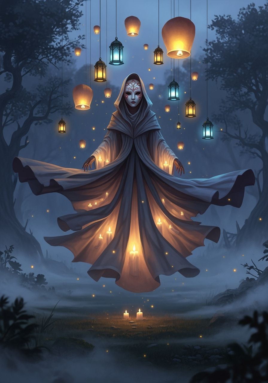 Mystical Dreamwalker with Porcelain Mask and Lanterns