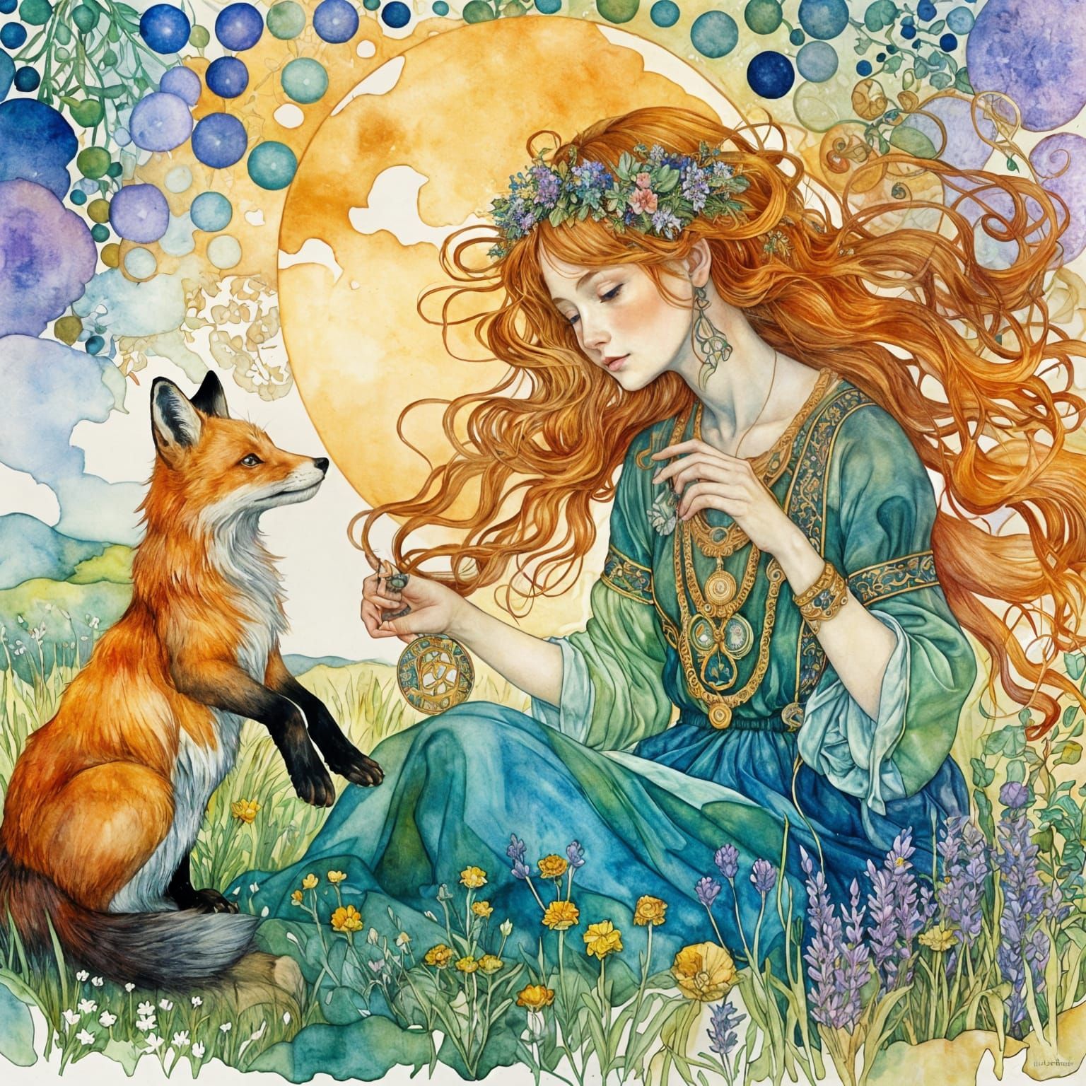 Girl and Fox Kit in Meadow, Art Nouveau Watercolor