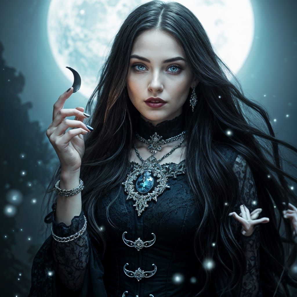 Surreal Woman Basks in Silver Moonlight under Enchanted Goth...
