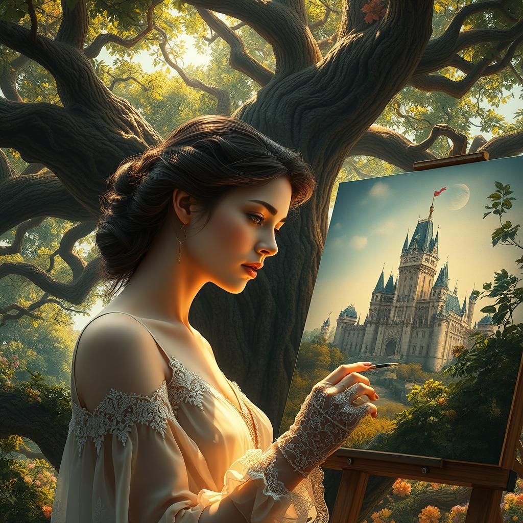Ethereal Woman Painting Castle in Lush Garden