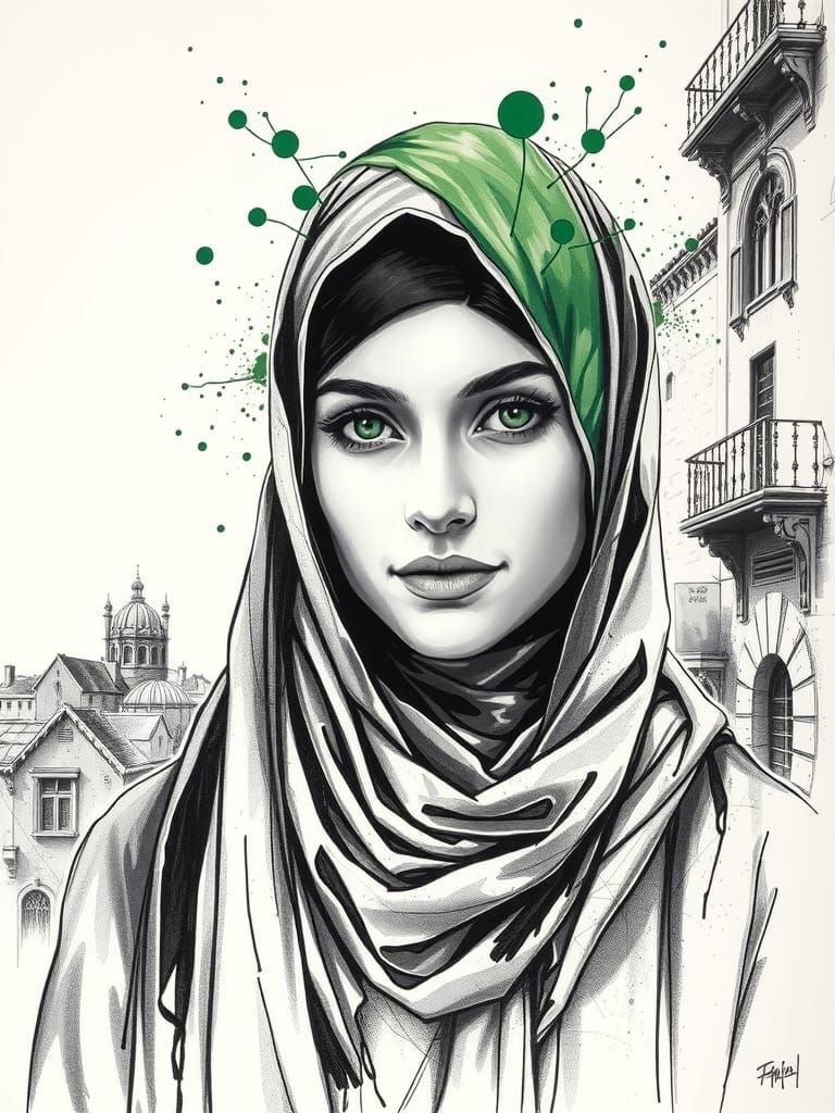 Palestinian Woman Portrait in Black and White Ink Drawing