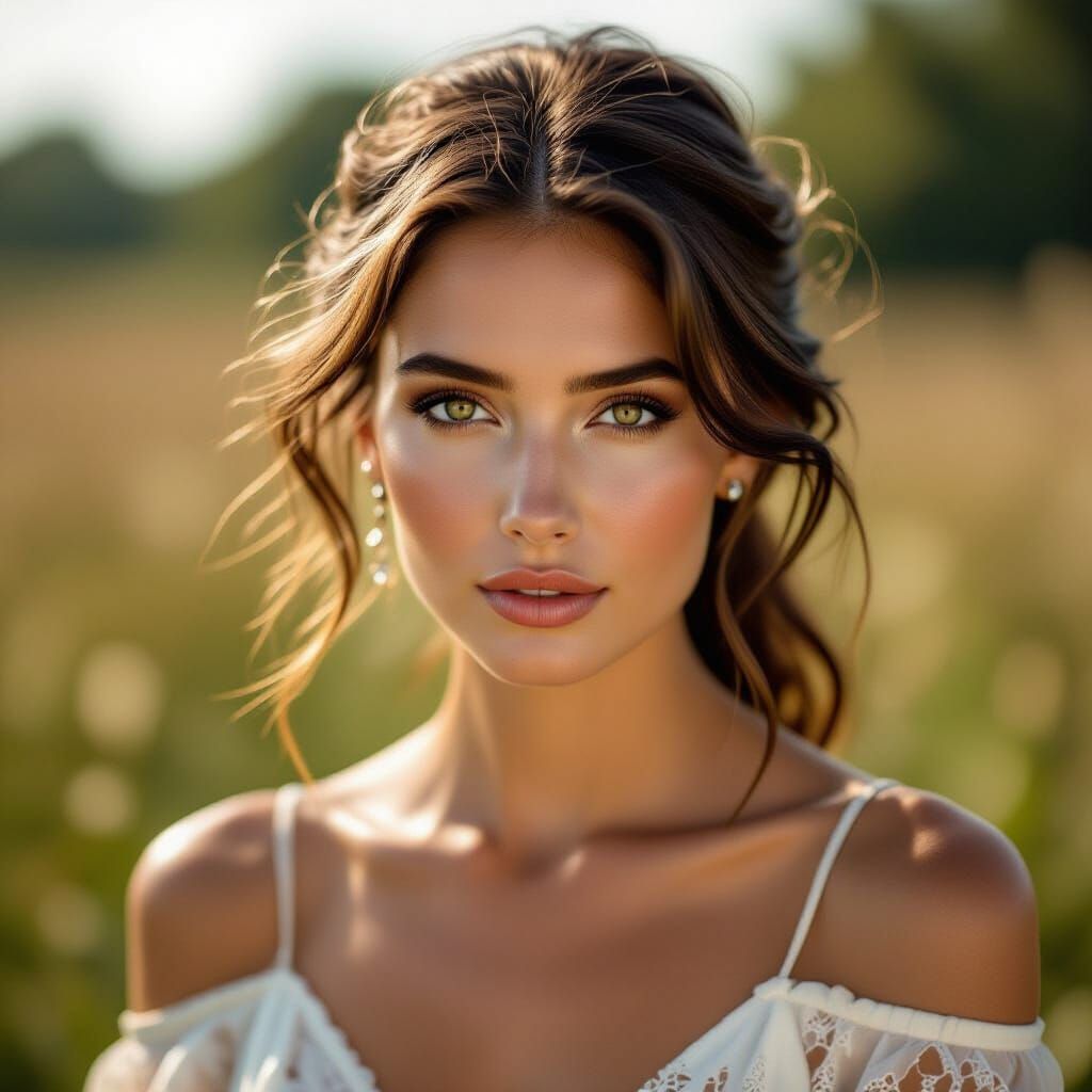 Copper-Eyed Woman in Summer Attire: Hyperrealistic Portrait