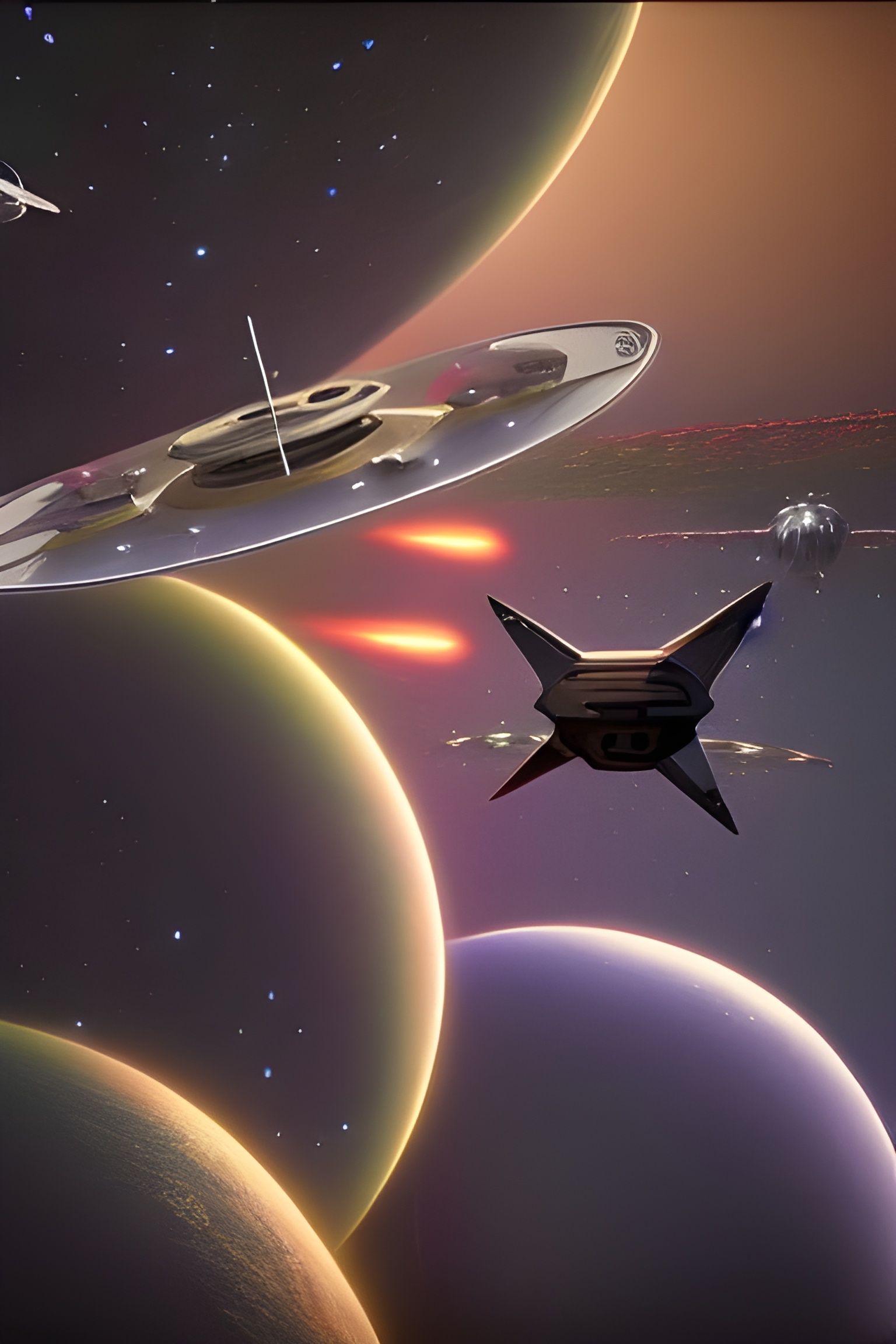 Photorealistic UFO Battle in Retrofuturistic Space