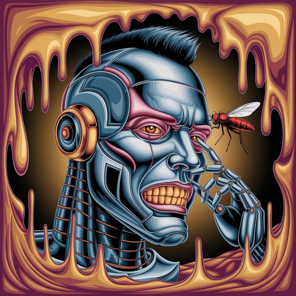Surreal Robotic Face with Red Fly in Abstract Style