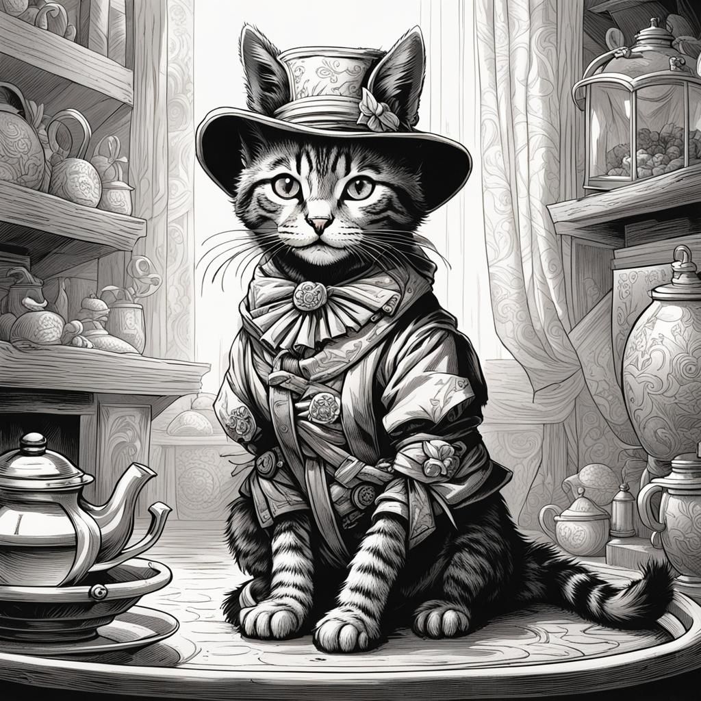 Tabby Kitten as Wife of Bath in Tenniel Style