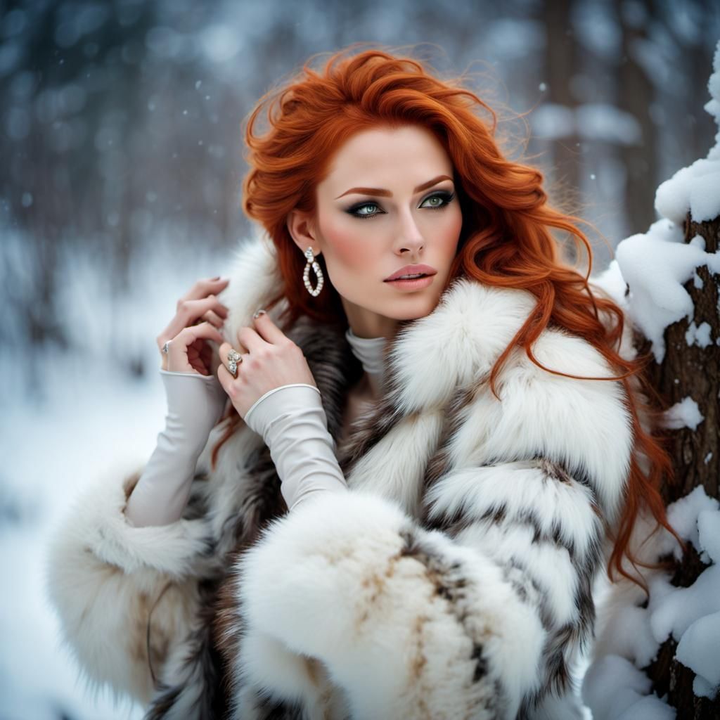 Elegant Redhead in Russian Fur Clothes, Masterpiece