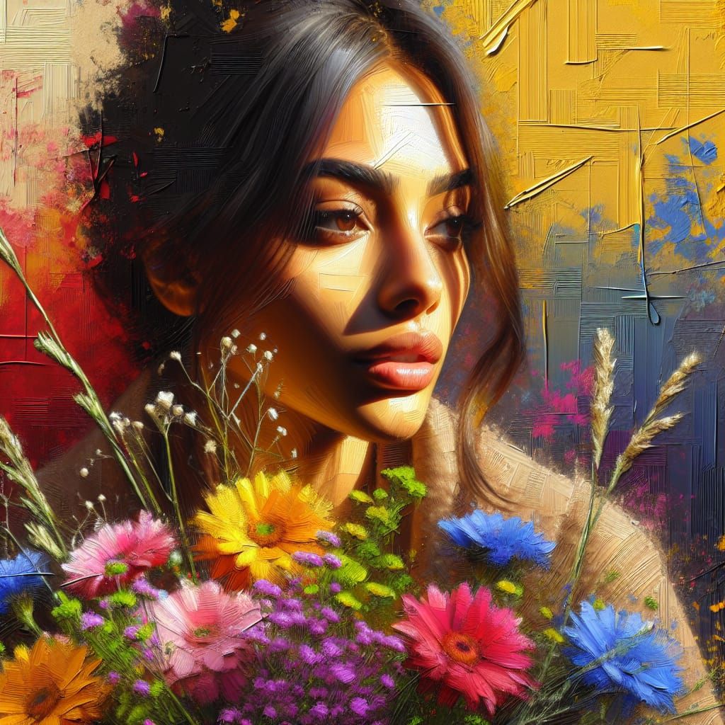 South Asian Woman with Meadow Flowers, Sgraffito Oil Paintin...