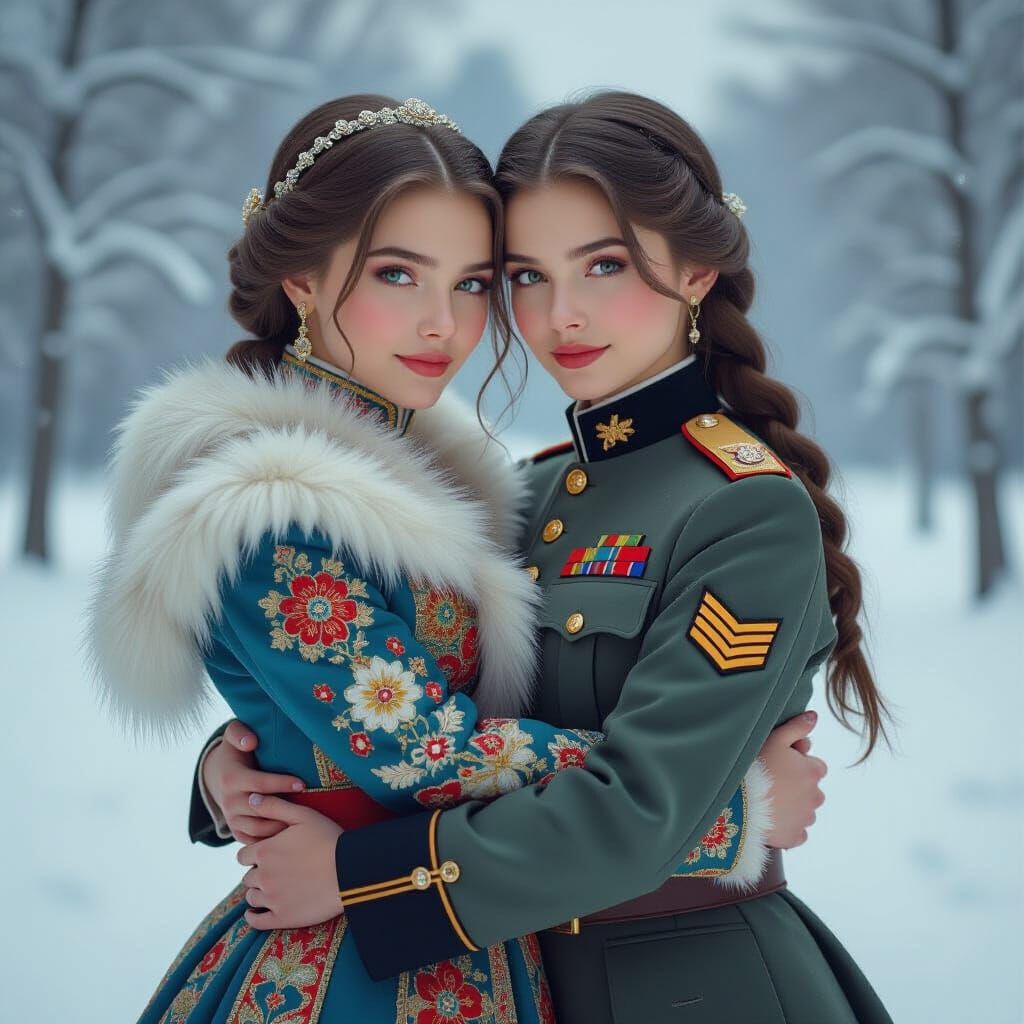 Girls Embrace in Snow: Digital Art Nouveau Portrait