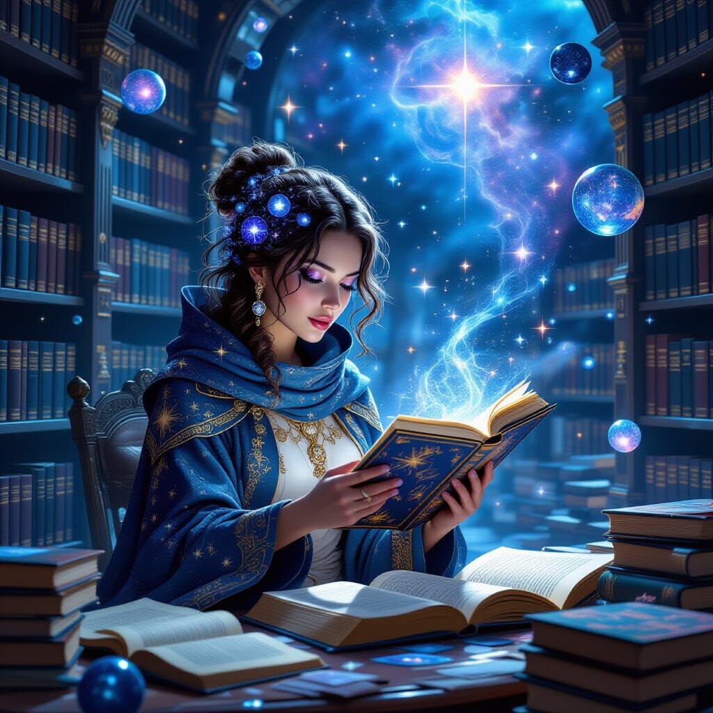 Cosmic Librarian Organizing Ancient Tomes in Space