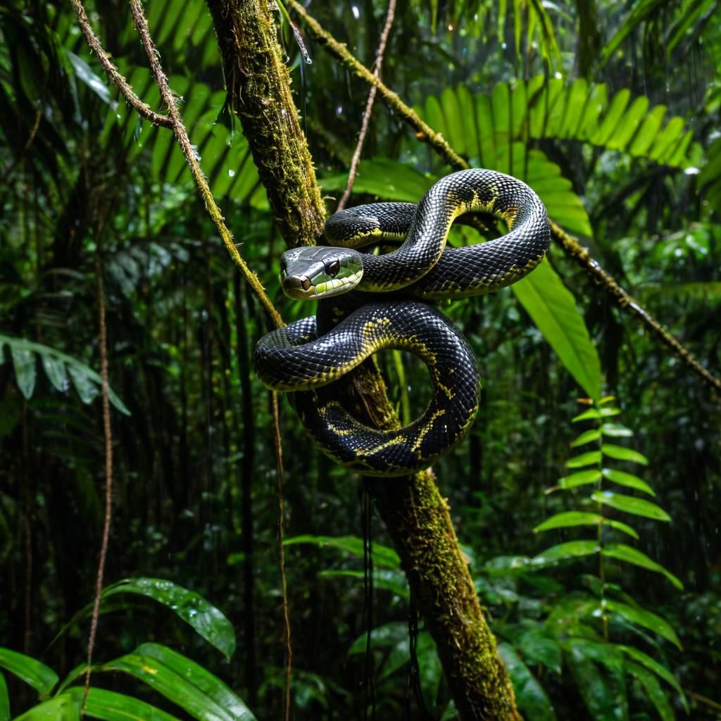 Rainforest Snake Coiled on Branch