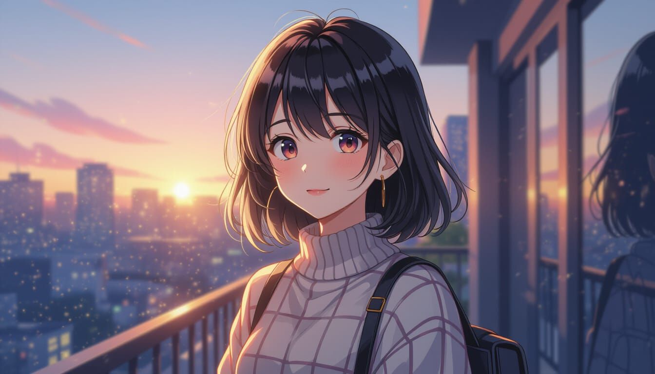 City Girl Smiling in Sunrise Walk, Line Art Style