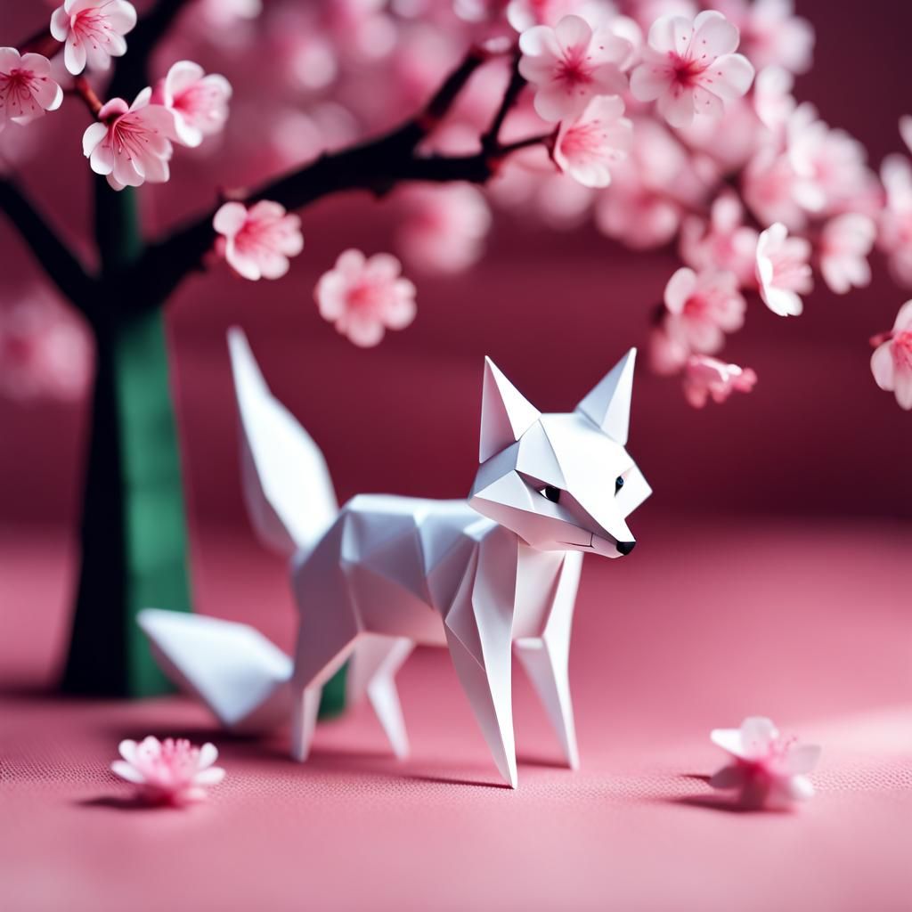 Origami Fox Under Cherry Blossom Tree